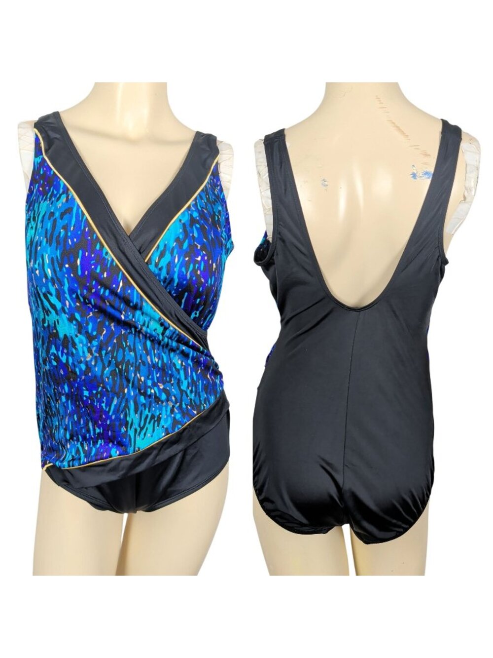 St John’s Bay One Piece Swimsuit Womens 14 Black Blue Purple Abstract Wrap